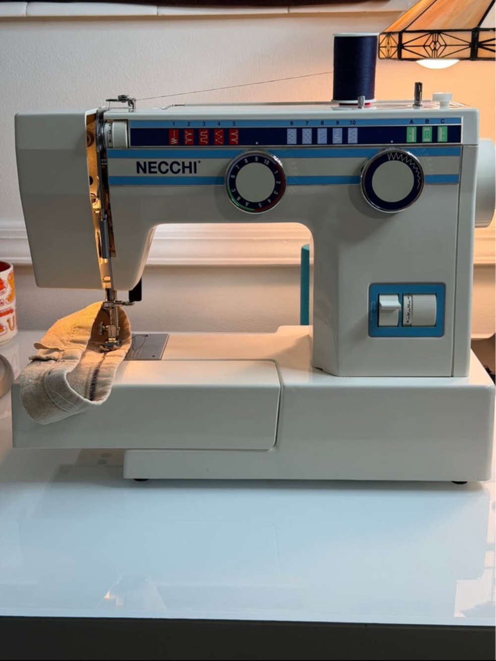 Necchi Compact Sewing Machine in White with Blue Accents